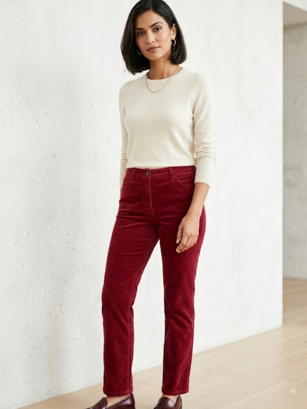Toni Burgundy Corduroy Pockets Straight Legs Pants Casual